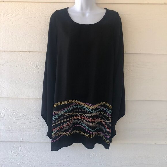 Long Line Size Small Black Multicolor Embroidered Tunic Top Asymmetrical Bell Sl - Picture 2 of 12
